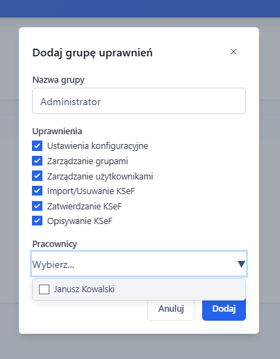 Dodawanie grupy uprawnień