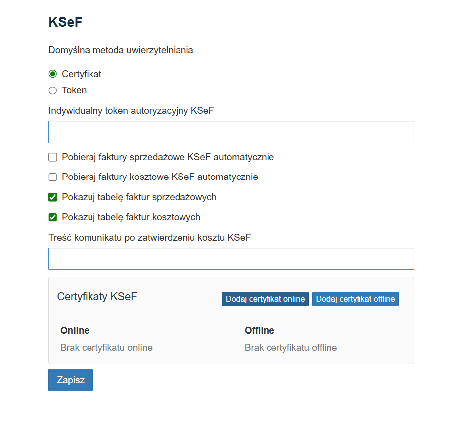 Ustawienia KSeF z poziomu Fakturowania